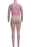 Pink Sexy Solid Patchwork See-through O Neck Short Sleeve Two Pieces