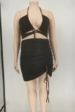 Black Sexy Solid Split Joint Halter Pencil Skirt Plus Size Two Pieces
