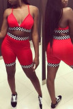 Red Sexy Plaid Print Patchwork Spaghetti Strap Sleeveless Two Pieces