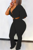Yellow Fashion Casual Solid Bandage V Neck Short Sleeve Two Pieces