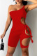 Red Fashion Sexy Solid Bandage Hollowed Out Backless One Shoulder Skinny Romper