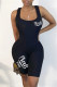 Black Fashion Sportswear Letter Print Basic U Neck Skinny Romper