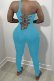 Pink Sexy Solid Hollowed Out One Shoulder Skinny Jumpsuits