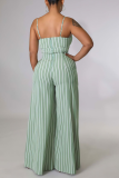 Green Casual Striped Patchwork Spaghetti Strap Loose Jumpsuits