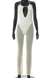 Apricot Sexy Solid Hollowed Out Patchwork See-through Halter Straight Jumpsuits