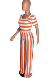 Yellow Casual Striped Print Patchwork O Neck Straight Jumpsuits