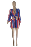 Turquoise Casual Print Patchwork V Neck Long Sleeve Two Pieces