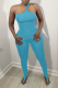Light Blue Sexy Solid Hollowed Out One Shoulder Skinny Jumpsuits