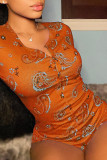 Orange Fashion Casual Print Basic O Neck Skinny Romper