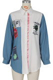 The cowboy blue Casual Print Patchwork Buckle Turndown Collar Shirt Dress Dresses