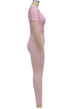 Pink Sexy Solid Patchwork See-through O Neck Short Sleeve Two Pieces