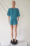 Blue Casual Solid Split Joint O Neck Short Sleeve Two Pieces