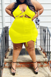 Yellow Sexy Solid Split Joint Halter Pencil Skirt Plus Size Two Pieces