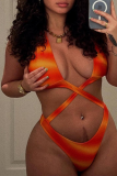 Tangerine Red Sexy Vacation Print Patchwork Swimwears