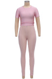 Pink Sexy Solid Patchwork See-through O Neck Short Sleeve Two Pieces