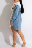 The cowboy blue Casual Print Patchwork Buckle Turndown Collar Shirt Dress Dresses