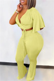 Yellow Fashion Casual Solid Bandage V Neck Short Sleeve Two Pieces