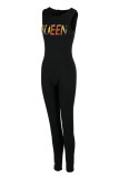 Coffee Fashion Casual Letter Print Basic O Neck Skinny Jumpsuits