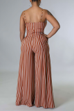 Green Casual Striped Patchwork Spaghetti Strap Loose Jumpsuits