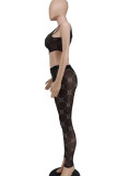Black Sexy Print Patchwork See-through U Neck Two Pieces