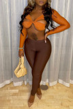 Tangerine Sexy Solid Hollowed Out Patchwork Asymmetrical V Neck Long Sleeve Two Pieces