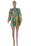 Turquoise Casual Print Patchwork V Neck Long Sleeve Two Pieces