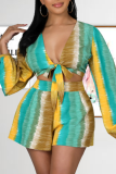 Turquoise Casual Print Patchwork V Neck Long Sleeve Two Pieces