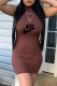 Brown Fashion Sweet Print Letter Turtleneck Pencil Skirt Dresses
