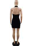 Pink Fashion Sexy Solid Patchwork Backless Halter Sleeveless Dress
