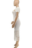 Black Sexy Solid Tassel Hollowed Out Patchwork V Neck Straight Dresses