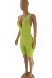 Fluorescent Green Casual Sportswear Solid Patchwork Zipper V Neck Regular Rompers