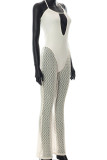 Apricot Sexy Solid Hollowed Out Patchwork See-through Halter Straight Jumpsuits