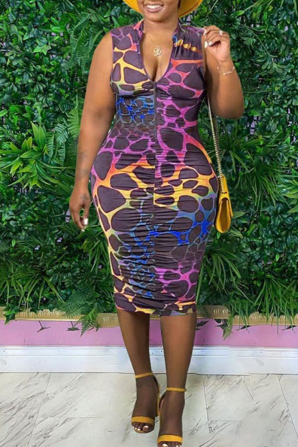 Purple Sexy Print Patchwork Fold V Neck One Step Skirt Dresses