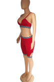 Red Sexy Plaid Print Patchwork Spaghetti Strap Sleeveless Two Pieces
