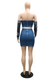 Blue Fashion Sexy Patchwork Print Backless Off the Shoulder Long Sleeve Two Pieces