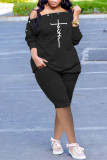 Grey Fashion Casual Print Basic Oblique Collar Long Sleeve Two Pieces
