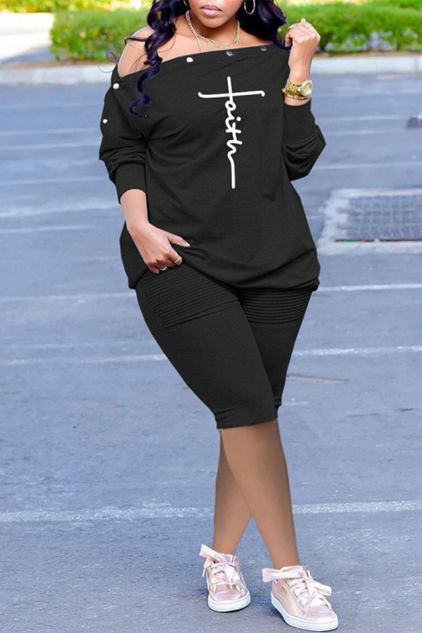 Black Fashion Casual Print Basic Oblique Collar Long Sleeve Two Pieces