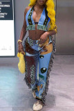 Pink Sexy Street Print Tassel Patchwork Asymmetrical Sleeveless Two Pieces