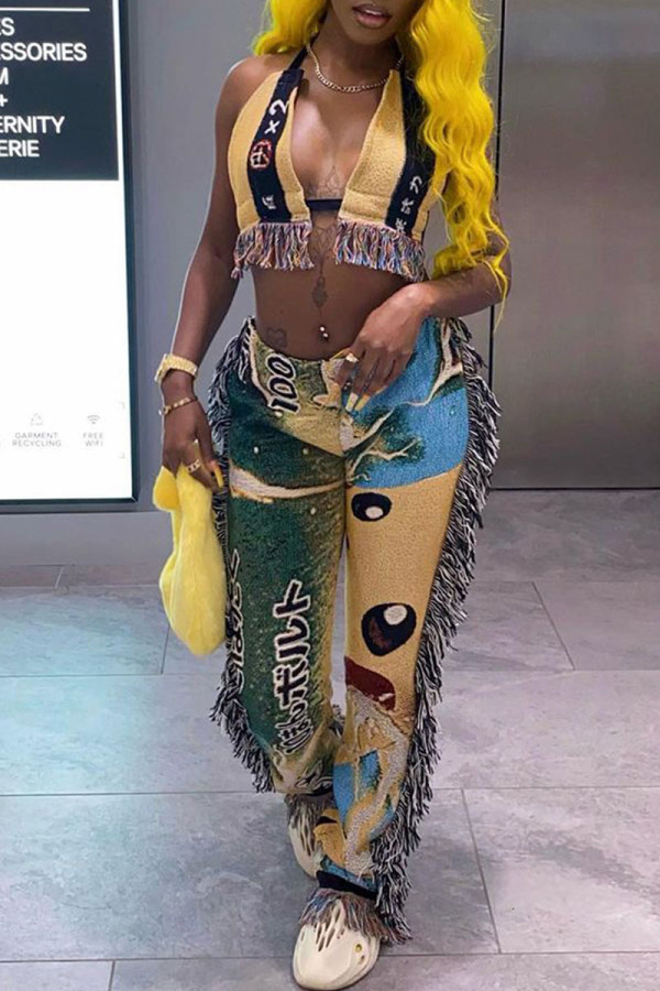 Yellow Sexy Street Print Tassel Patchwork Asymmetrical Sleeveless Two Pieces