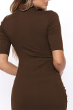 Coffee Casual Solid Draw String Frenulum Half A Turtleneck Short Sleeve Dress
