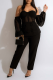 Black Sexy Solid Mesh Off the Shoulder Long Sleeve Two Pieces