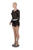 Blue Fashion Solid Mesh O Neck Long Sleeve Two Pieces