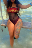 Red Sexy Print Patchwork Mesh Swimwears