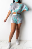 Pink Fashion Casual Print Tie Dye Basic O Neck Short Sleeve Two Pieces