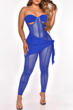 Blue Sexy Solid Mesh Strapless Skinny Jumpsuits