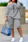 Grey Fashion Casual Print Basic Oblique Collar Long Sleeve Two Pieces