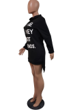 Black Casual Print Letter Hooded Collar Irregular Dress Dresses