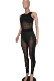 Black Sexy Solid Patchwork See-through O Neck Sleeveless Two Pieces