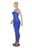 Blue Sexy Solid Mesh Strapless Skinny Jumpsuits