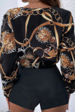 Black Sexy Print Patchwork V Neck Regular Rompers